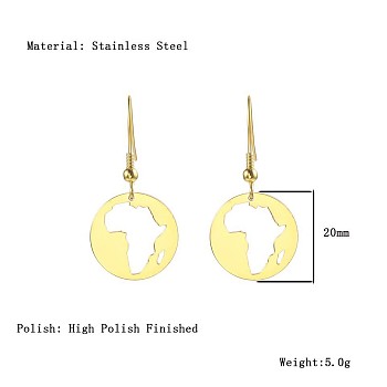 African Map Shape Dangle Earrings, with Stainless Steel Hooks, Golden, 20mm