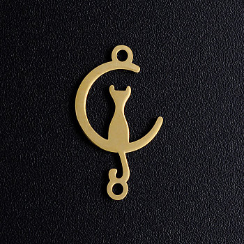 201 Stainless Steel Kitten Links connectors, Crescent Moon with Cat Shape, Golden, 19x11x1mm, Hole: 1.2mm