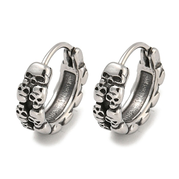 316 Surgical Stainless Steel Hoop Earrings, Skull, Antique Silver, 14x2.5mm