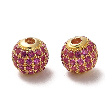 925 Sterling Silver Micro Pave Cubic Zirconia Beads, Round, Real 18K Gold Plated, Fuchsia, 8x7.5mm, Hole: 2.2mm