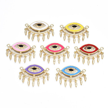Brass Micro Pave Cubic Zirconia Links Connectors, with Enamel, Nickel Free, Evil Eye, Real 16K Gold Plated, Mixed Color, 25x32x3mm, Hole: 2mm