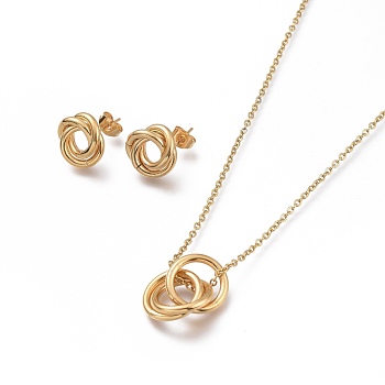 Ring 304 Stainless Steel Jewelry Sets, Cable Chains Pendant Necklaces and Stud Earrings, with Ear Nuts and Lobster Claw Clasps, Golden, 20.07 inch(51cm), 12.5mm, Pin: 0.7mm