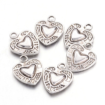 Tibetan Style Zinc Alloy Charms, Double-sided Heart, Lead Free, Antique Silver, 15.5x12x3mm, Hole: 1.5mm