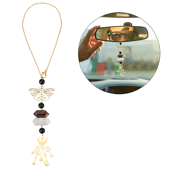 Butterfly & Moon 201 Stainless Steel Car Hanging Pendant Decorations, with Natural Tiger Eye and Natural Quartz Crystal, Bullet, Golden, 310mm
