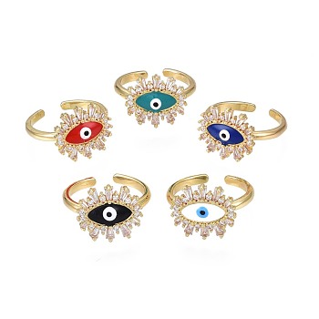Clear Cubic Zirconia Evil Eye Open Cuff Ring with Enamel for Women, Real 18K Gold Plated Brass Jewelry, Nickel Free, Mixed Color, US Size 7 1/4(17.5mm)