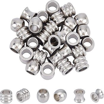 304 Stainless Steel European Beads, Large Hole Beads, Vase/Column/Barrel, Stainless Steel Color, 10x8mm, Hole: 6mm, 3 shapes, 10pcs/shape, 30pcs/box