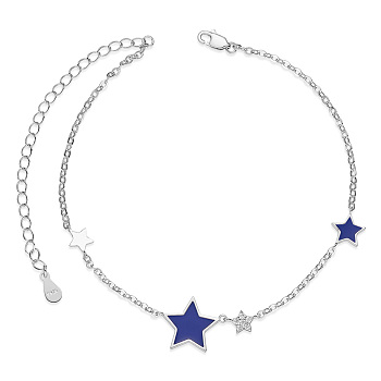 SHEGRACE 925 Sterling Silver Link Anklets, with Grade AAA Cubic Zirconia and Epoxy Resin, Star, Dark Blue, 8-1/4 inch(21cm)