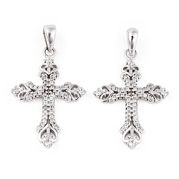 Rhodium Plated 925 Sterling Silver Micro Pave Clear Cubic Zirconia Pendants, Heart Religion Cross Charms wit 925 Stamp, Real Platinum Plated, 27x18.5x2mm, Hole: 3.5x5mm