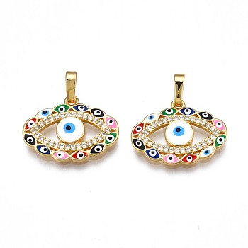 Brass Micro Pave Clear Cubic Zirconia Pendants, with Enamel and Brass Snap on Bails, Nickel Free, Real 18K Gold Plated, Eye, Colorful, 15.5x21x3mm, Hole: 3x6mm
