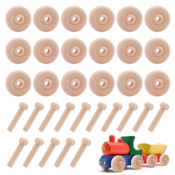 Unfinshed Wood Wheel & Stick, DIY Wooden Craft Children Toys, Blanched Almond, Wheel: 3x1.3cm, Hole: 5mm, Stick: 3x0.55cm