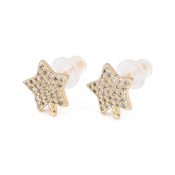 Brass Clear Cubic Zirconia Stud Earring Findings, with Loop & 925 Sterling Silver Pins, Golden, Star, 9.5x8.5mm, Hole: 0.8mm, Pin: 0.7mm