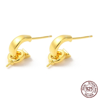 925 Sterling Silver Stud Earring Findings, C-shape Half Hoop Earring, Dangle Earring, for Half Drilled Beads, with 925 Stamp, Real 18K Gold Plated, 15x6x1.5mm, Pin: 0.7mm