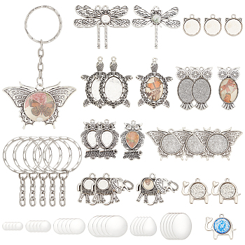 Elite DIY Keychain Making Kit, Including Iron Split Key Rings, Alloy Pendant Cabochon Settings, Glass Cabochons, Butterfly & Dragonfly & Owl & Turtle & Elephant, Antique Silver, 72Pcs/box