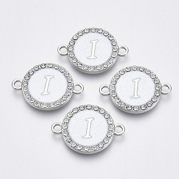 Alloy Enamel Links Connectors, with Crystal Rhinestones, Flat Round with Letter, Silver Color Plated, Letter.I, 22x16x2mm, Hole: 1.8mm