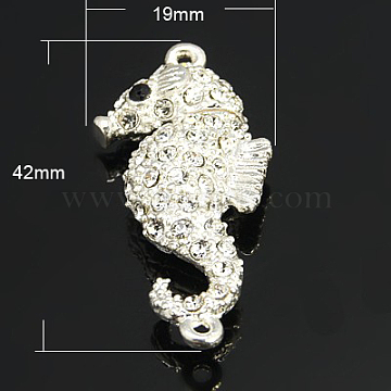 Alloy Rhinestone Magnetic Clasps, Sea Horse, Silver Color Plated, 42x19x7mm, Hole: 1mm(RB-G056-S)