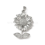 Brass Micro Pave Clear Cubic Zirconia Pendants, Sunflower Charm, Platinum, 26.5x18x5mm, Hole: 4x2.5mm(KK-F924-12P)