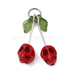 Dyed Synthetic Turquoise Skull Cherry Pendants, Fruit Charms with Acrylic Leaf & 304 Stainless Steel Jump Rings, Stainless Steel Color, FireBrick, 29x8.5x10mm, Hole: 5mm(PALLOY-JF04110-01)