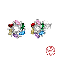 925 Sterling Silver Micro Pave Cubic Zirconia Stud Earrings, Flower, Stud Earrings  for Women, Colorful, Real Platinum Plated, 12x11mm(EJEW-K284-09P)