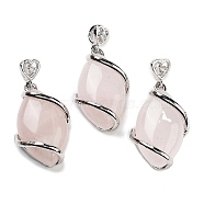 Natural Rose Quartz Pendants, with Brass Rhinestone Findings,  Horse Eye, 36x17.5x7~9mm, Hole: 2.5x4mm(G-G073-5)