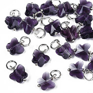 Faceted Transparent Glass Charms, with Iron Jump Ring, Butterfly, Dark Slate Blue, 13~14x9.8x6mm, Hole: 4mm(GLAA-T024-06A)