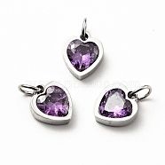 304 Stainless Steel Pendants, with Cubic Zirconia and Jump Rings, Single Stone Charms, Heart, Stainless Steel Color, Slate Blue, 9x8x3mm, Hole: 3.6mm(STAS-D189-06P-05)