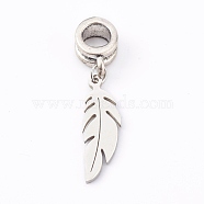 304 Stainless Steel European Dangle Charms, Large Hole Pendants, for Halloween, with Alloy Tube Bails, Feather, Antique Silver, 23mm, Hole: 4.5mm, feather: 20x6x1mm(PALLOY-JF00624-01)