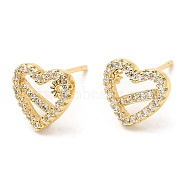 Rack Plating Brass Heart with Flower Stud Earrings with Cubic Zirconia, Lead Free & Cadmium Free, Real 18K Gold Plated, 9.5x10mm(EJEW-A103-02G)