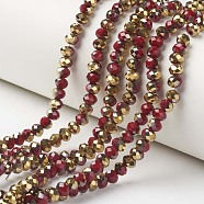 Electroplate Opaque Glass Beads Strands, Half Golden Plated, Faceted, Rondelle, Dark Red, 8x6mm, Hole: 1mm, about 72pcs/strand, 16.14 inch(41cm)(EGLA-A034-P8mm-O10)