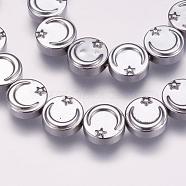 Electroplate Non-magnetic Hematite Beads Strands, Synthetic, Flat Round with Moon and Star, Platinum Plated, 10x4mm, Hole: 1mm, about 40~41pcs/strand, 15.5  inch~15.7 inch(39.5~40cm)(G-P314-09H)