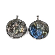 Natural Labradorite Carved Insect Pendants, Flat Round Charms with Platinum Plated Rack Plating Brass Snap on Bails, 36x32x8.5mm, Hole: 5x4mm(G-B085-07P)