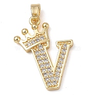 Rack Plating Brass Micro Pave Cubic Zirconia Pendants, Long-Lasting Plated, Lead Free & Cadmium Free, Real 18K Gold Plated, Letter V, 22~24x12~22x2mm, Hole: 3x4mm(KK-D535-01V-RS)