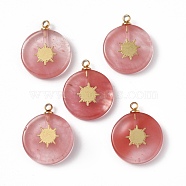 Synthetic Watermelon Stone Glass Pendants, Flat Round with Vacuum Plating 201 Stainless Steel Sun Pattern, Real 18K Gold Plated, 18.5~19.5x14.5~15x3~4mm, Hole: 1.4mm(STAS-C064-VC859)