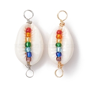 2Pcs 2 Colors Natural Shell Connector Charms, Chakra Colorful Glass Seed Bead Copper Wire Wrapped Links, Platinum & Golden, 34.5~35.5x13.5~15x10.5mm, Hole: 3mm, 1pc/color(PALLOY-JF02692)