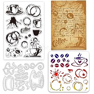 1Pc Coffee Theme Carbon Steel Cutting Dies Stencils, 1Pc PET Hollow Out Drawing Painting Stencils, 1 Sheet Custom PVC Plastic Clear Stamps, Tableware, 116~200x81~200x0.8~3mm(DIY-GL0004-58)