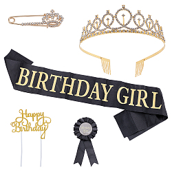 Birthday Crown Shoulder Strap Sets, Hair Band Headpieces with Sash, Badge Pins, Polyester Tag & Plastic Sticks, Birthday Gifts, for Girl Birthday Party Supplies, Black, 1~160x0.3~12.2x0.05~6cm, 9pcs/set(AJEW-WH0162-94)