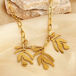 304 Stainless Steel Triple Leaves Pendant Paperclip Chain Necklaces, Real 18K Gold Plated, 17.17 inch(43.6cm)(NJEW-K389-02G)