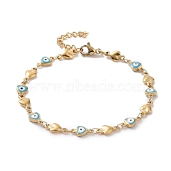 Ion Plating(IP) 304 Stainless Steel Link Chain Bracelets, with Enamel and Lobster Claw Clasps, Heart with Evil Eye, Blue, 7-1/4 inch(18.5cm)(BJEW-P236-30G-06)