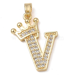 Rack Plating Brass Micro Pave Cubic Zirconia Pendants, Long-Lasting Plated, Lead Free & Cadmium Free, Real 18K Gold Plated, Letter V, 22~24x12~22x2mm, Hole: 3x4mm(KK-D535-01V-RS)