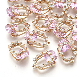 Brass Pendants, with Glass and Rhinestone, Faceted, Rectangle, Pearl Pink, 17x10.5x7mm, Hole: 1.2mm(GLAA-R212-07B)