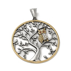 304 Stainless Steel Rhinestone Pendants, Flat Round with Tree of Life & Owl Charm, Antique Silver & Golden, 49x46x3mm, Hole: 8.5X4mm(STAS-U001-02ASG)