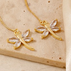 Elegant 3D Dragonfly Ear Thread, with Clear Cubic Zirconia, Golden, 90x14mm(ZC2846)