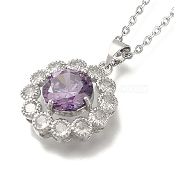 304 Stainless Steel Cable Chain Necklaces, Brass Clear Cubic Zirconia Flower Pendant Necklaces, Platinum & Stainless Steel Color, Dark Violet, 17.91 inch(45.5cm)(NJEW-H040-18P-01)