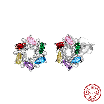 925 Sterling Silver Micro Pave Cubic Zirconia Stud Earrings, Flower, Stud Earrings  for Women, Colorful, Real Platinum Plated, 12x11mm