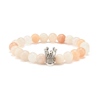 Round Frosted Natural Pink Aventurine Beads Stretch Bracelet, Crown Alloy Bead Bracelet for Girl Women, Antique Silver, Inner Diameter: 2-1/2 inch(6.45cm)