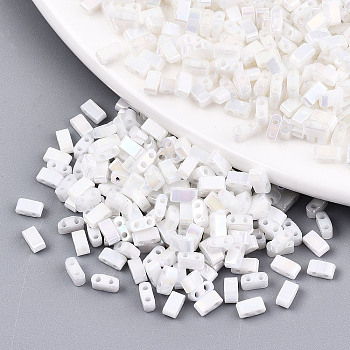 2-Hole Glass Seed Beads, Opaque Colours Rainbow, Rectangle, White, 4.5~5.5x2x2~2.5mm, Hole: 0.5~0.8mm, about 2000pcs/bag
