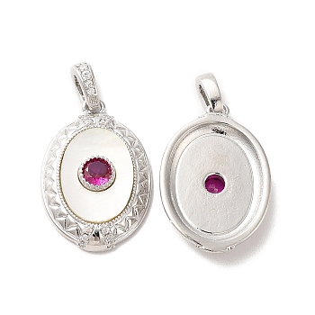 Brass Pave Cubic Zirconia Pendants, Oval Charms with Natural Shell, Platinum, Dark Red, 22.5x15.5x4mm, Hole: 2x4.5mm