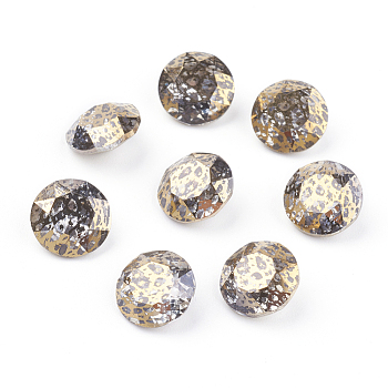 Pointed Back & Back Plated Glass Rhinestone Cabochons, Grade A, Faceted, Flat Round, Gold Patina, 8x4.5mm