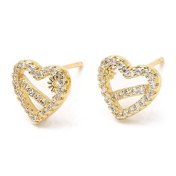 Rack Plating Brass Heart with Flower Stud Earrings with Cubic Zirconia, Lead Free & Cadmium Free, Real 18K Gold Plated, 9.5x10mm