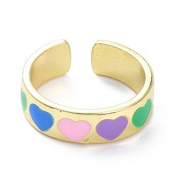 Heart Pattern Alloy Enamel Cuff Rings, Open Rings, Light Gold, Colorful, 6.5mm, US Size 7 1/4(17.5mm)