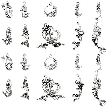100Pcs 10 Styles Tibetan Style Alloy Pendants, Mermaid, Cadmium Free & Lead Free, Antique Silver, 21x8x4mm, Hole: 2mm, 10pcs/style